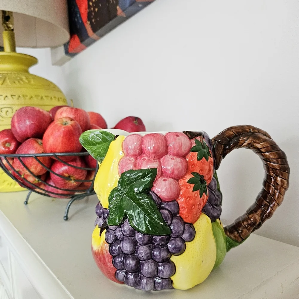 Vintage Handcrafted Pier 1 Imports Majolica Ceramic Fruits Design Pitcher 7